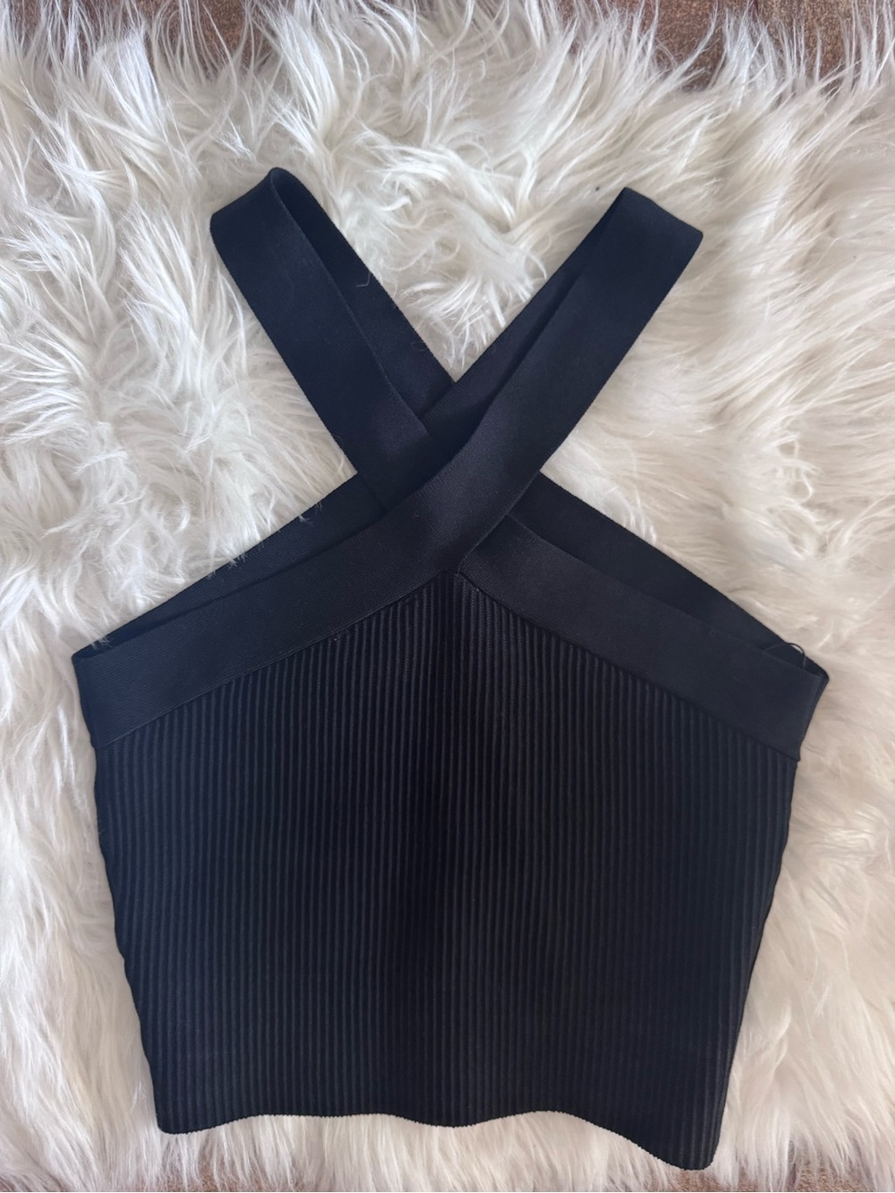Allie Rose Black Ribbed Cross-Strap Crop Top